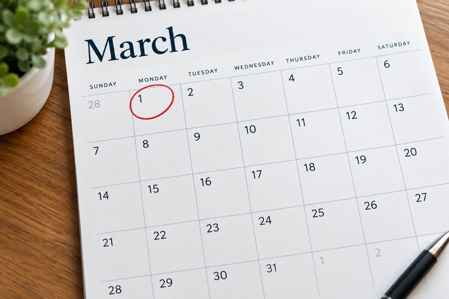 Calendar with March 1st circled for the homestead exemption filing deadline